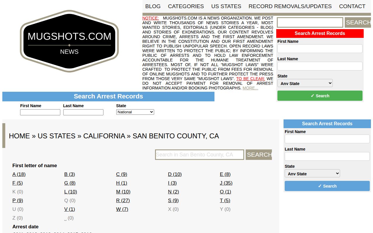 Unofficial and stale San Benito County mugshot news interface