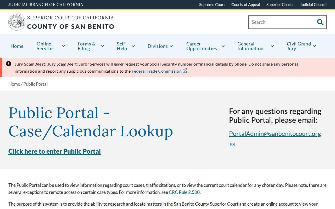 San Benito County court portal for arrest disposition records