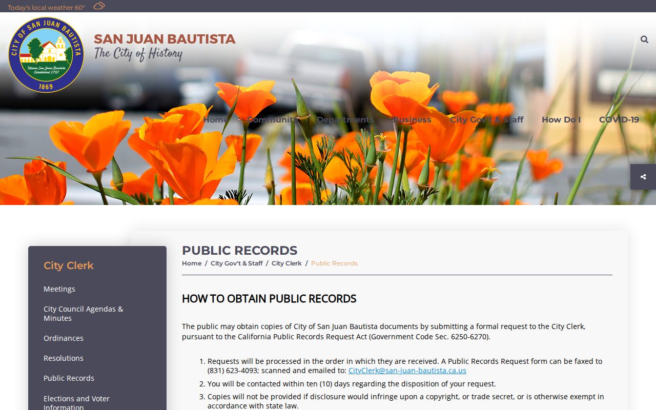 San Juan Bautista City Clerk public records instructions for city records