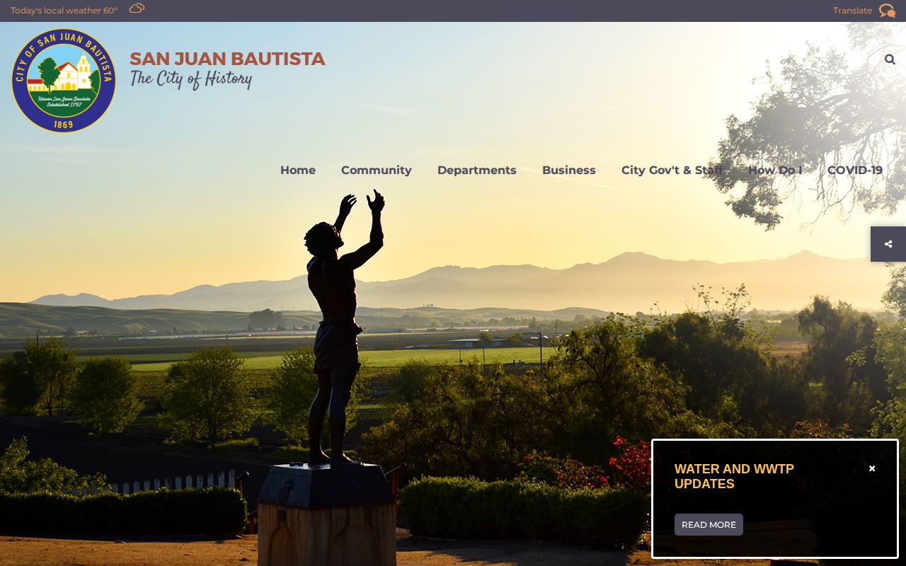 San Juan Bautista city page linking residents to San Benito County Sheriff arrest services